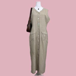 beige vintage 90s button up sleeveless linen rayon dress